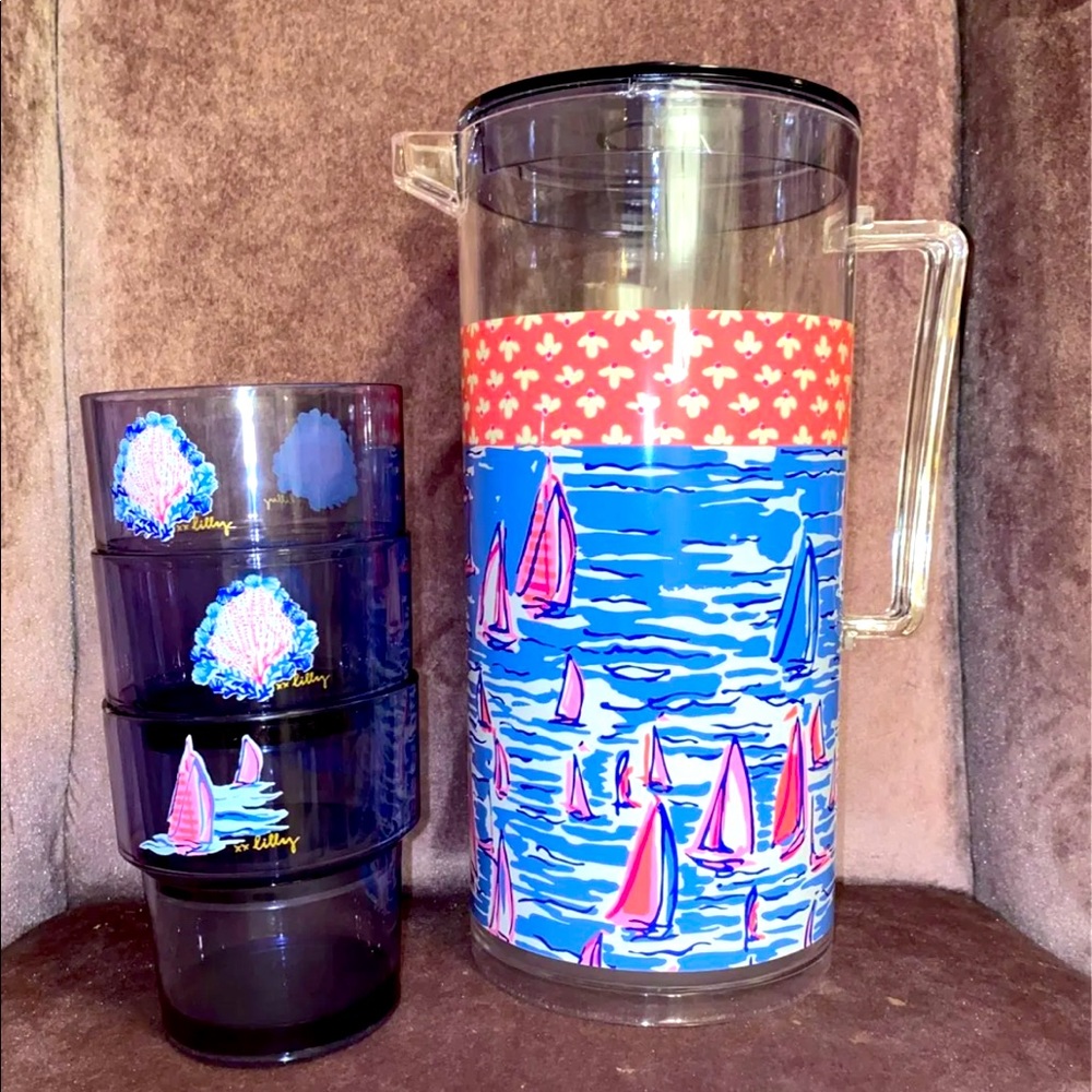 Lilly Pulitzer drink pitcher and cups